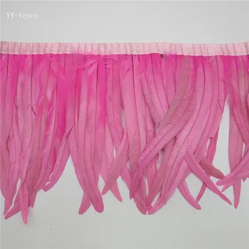  търговия на едро с дължина 10 ярда Розови висококачествени естествени пера от петел подстригване със сатенена панделка 30-35см за дамска пола