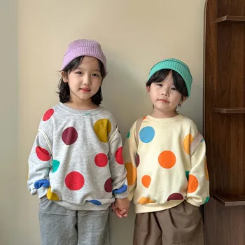  Детски момичета Цветна точка печат суитчър 2024 пролет деца момчета хлабав пуловер случайни памук дълъг ръкав върховете бебешки дрехи