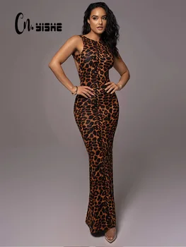  Cnyishe секси клуб парти леопард печат Макси рокли жени мода без ръкави обратно кухи навън тънък обвивка Bodycon Vestidos халати