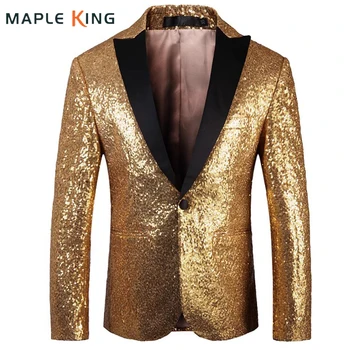  Men Slim Fit Blazer Jacket Най-високо качество лъскав злато пайети блясък парти рокля костюми луксозни сценични дрехи за певци мъжки костюм