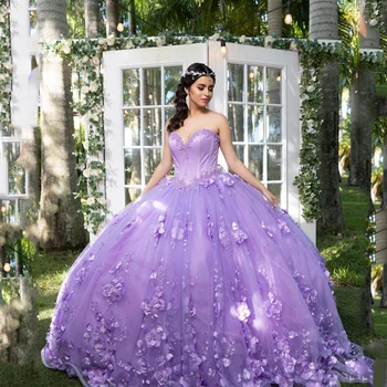  2023 Лавандула лъскава Quinceanera рокля топка рокля без ръкави 3D цветя мъниста корсет Vestido De 15 Anos