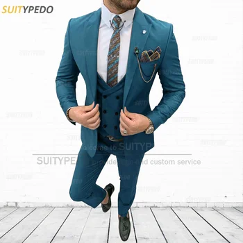  Моден син костюм за мъже Slim Fit Бизнес абитуриентски бал Сватбен блейзър Жилетка Панталони 3 броя Ежедневен костюм Яке Официални смокинги за мъже