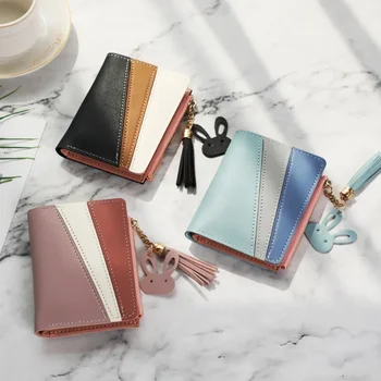  Нов портфейл дама чанта кратък стил студент корейски версия ins мода цвят тенденция промяна карта чанта PU кожа портфейл
