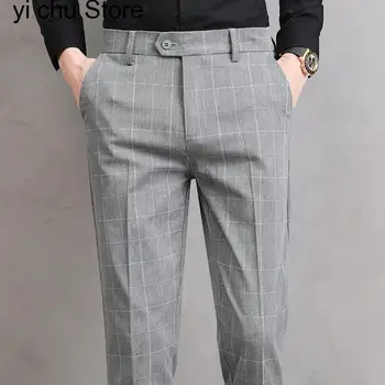  Нов летен черен кариран панталон Мъжко облекло Офис Официални панталони за мъжки тънък стил Редовен годни мъжки костюм панталони мода