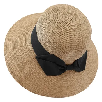  2023 Родител-дете на едро слънце плосък слама шапка лодкар шапка момичета лък лято Шапки за жени дете и плаж плосък панама сламена шапка