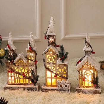  Коледа LED светлина дървена къща Whit сняг светеща кабина коледно дърво висящи орнамент светещи замък деца подарък Нова година 2023