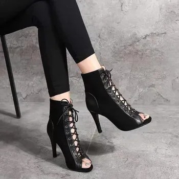  Дантелени сандали Токчета 9CM Дамски обувки Лято 2023 Тенденция Черно Секси Peep Toe ботуши Мода Плат Stilettos Джаз Танц Женски