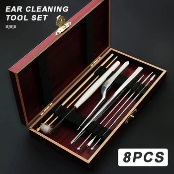  8pcs Професионални инструменти за почистване на уши Комплект инструменти за почистване на ушна кал Отстраняване на ушна кал Личен почистващ препарат с дървена кутия за съхранение