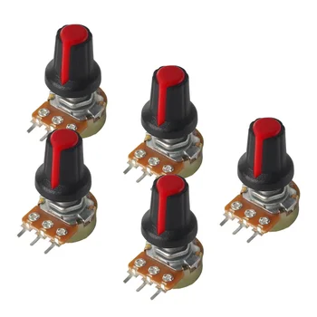  5Set 15mm WH148 Линеен ротационен потенциометър 3Pin 1K-1M Ohm Променливи резистори Вал с шайби, гайки и червени AG2 копчета