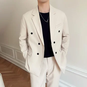  Boutique (Blazer + Trousers) Мъжки удебелени вълнени британски стил елегантна мода прости бизнес ежедневни мъже тънък официално яке