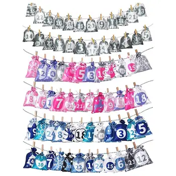  2023 Коледно обратно броене Адвент чанта 24Days Коледа Адвент календар чанта Сатенена стена висящи шнур чанта Подаръчни торбички с клипове
