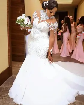  Блестяща кристална русалка сватбена рокля 2024 Африканска висока илюзия с дълъг ръкав дантела флорални булчински рокли Vestidos de Noiva