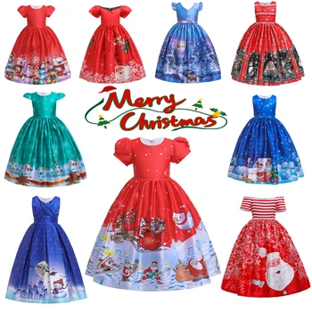  Момичета Коледно парти рокли Дядо Коледа снежен човек печат деца Коледа принцеса рокля за момиче деца косплей костюм 4-14Years