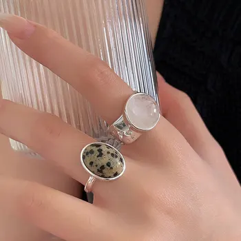  S925 Естествен бял кристален овал отворен тежкотоварен пръстен за жени в Южна Корея, универсален моден пръстен
