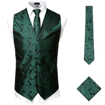  Luxury Mens Classic 3pc Jacquard Paisley Vest Set Necktie Pocket Square Waistcoat for Suit Tuxedo Formal Men Tuxedo Waistcoat