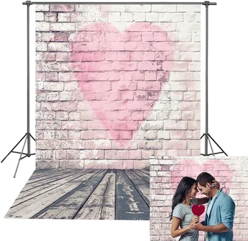  Love Heart тухлена стена Валентин снимка фон розово сърце бяла тухлена стена сватбена фотография фон, използван за годеж