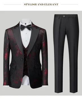  Нов жакард костюми комплект за мъж червени господа костюм младоженец сватбено парти рокля бизнес случайни мъжки костюми Blazer + жилетка + панталони