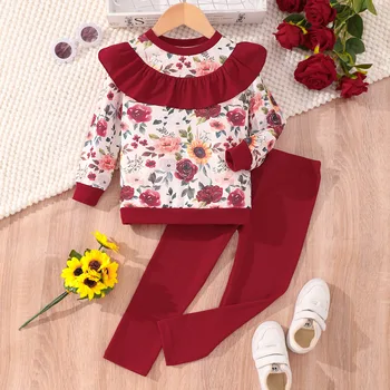  2023 Комплект детски дрехи 2-7 Y есен/зима мода цвете печат дълъг ръкав отгоре + панталони две части момичета комплект