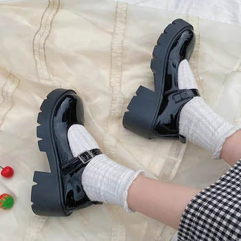  Дамски кожени обувки Harakuju Lolita JK Студент Сладки Момичета Мери Джейн обувки японски високи токчета кръг Toe платформа обувки помпи
