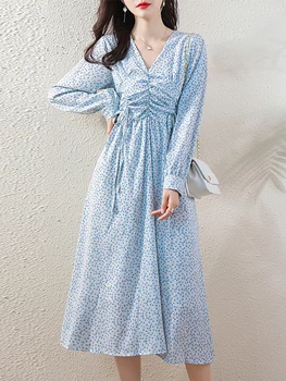  Дамски син цветен шифон дълъг ръкав v-образно деколте Midi рокля пролет есен мода случайни плаж рокля 2023 корейски мода парти рокля