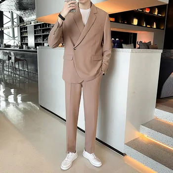  Мъжки костюм 2 броя корейска версия хлабав драперия плътен цвят подходящ за сватбен банкет бизнес дневен комплект яке с панталони