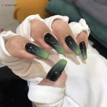  черно зелено дълъг ковчег фалшиви нокти градиент цвят преса върху ноктите пълна корица балет фалшиви нокти съвети за жени момичета DIY маникюр