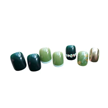  Rhinestone украсени зелени фалшиви нокти елегантен и улов поглед дизайн нокти за DIY нокти изкуство декорации салон