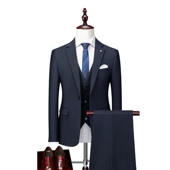  Lansboter флот синьо мъже костюм 3 парче сватба корейски версия тенденция тънък офис монтаж красив официален комплект яке жилетка с панталони