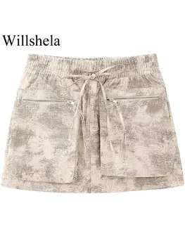  Willshela жените мода с джобове отпечатани шнур товарни мини поли реколта висока еластична талия женски шик дама пола