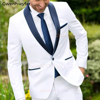  Gwenhwyfar 2 броя шал ревера мъжки костюм бял еднореден младоженец смокинги за сватба Groomsmen костюм (яке + панталони) 2023