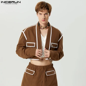  Стилен ежедневен стил върхове INCERUN мъжки изрязани снаждане контраст цвят костюм палта Streetwear мъжки дълъг ръкав нетактичност S-5XL 2023