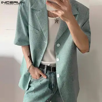  INCERUN мъже карирана нетактичност ревера дълъг ръкав бутон мода ежедневни костюми мъже streetwear 2024 корейски стил свободно време тънки палта S-5XL