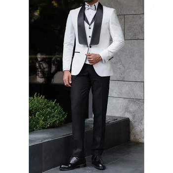  Ново пристигане мъже костюми 3 парче шик шал ревера един бутон мъжки костюм официален абитуриентски сватбен младоженец смокинг (Blazer + жилетка + панталони) тънък годни