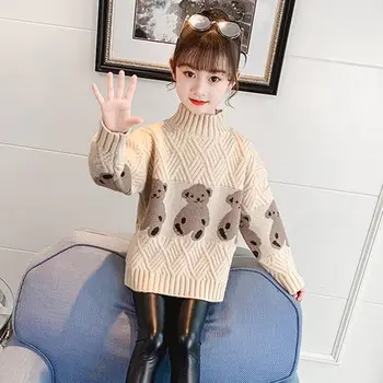  Пуловер за момичета 2023 Нова мода Детска есен/зима трикотаж Удебелена висока яка Зима Бебе Момиче Дрехи Момичета Пуловер 7T