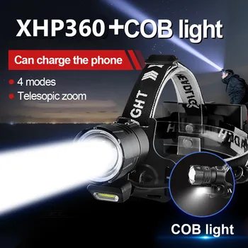  Мощен XHP360 LED фар супер ярък USB акумулаторни лампи Висока мощност Zoomable фар Къмпинг риболов главата фенер