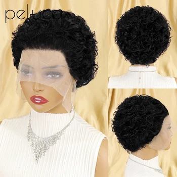  Short Pixie Cut Wigs Human Hair Curly Wigs Евтини перуки 13X1 Прозрачна дантелена перука Preplucked Hairline перуки за черни жени Ombre