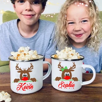  Personlized елен емайл чаши по избор име Коледа горещо какао шоколад чаша напитка мляко брат дръжка чаши Коледа подаръци за деца