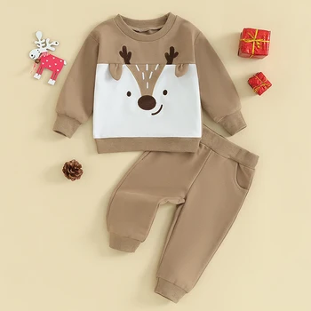  BeQeuewll момчета Коледа 2PCS панталони комплекти за есента дълъг ръкав Elk печат суитчър и плътен цвят панталони комплекти за 0-3 години