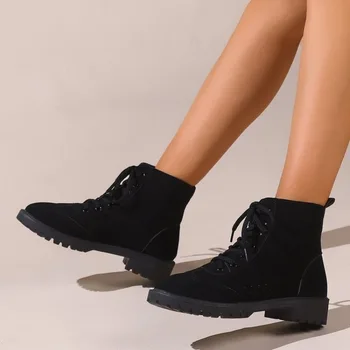  2023 Зимни ежедневни дамски глезена ботуши фронт дантела нагоре обувки за женски квадратен ток нисък ток дамски обувки плюс размер дамски ботуши