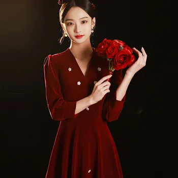  червена кадифена вечерна рокля жени V деколте апликация дълъг ръкав коктейлни рокли елегантен прост реколта пачуърк бала рокля
