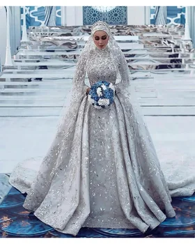  Луксозни сватбени рокли в Дубай Дълги ръкави дантелени A-Line булчински рокли Саудитска Арабия мюсюлмански високо врата блестящи пайети жени Vestidos
