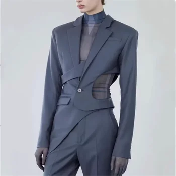  2023 Пролет и есен Нов мъжки асиметричен костюм тънък кух костюм дълъг ръкав модно палто ежедневно износване tide марка палто