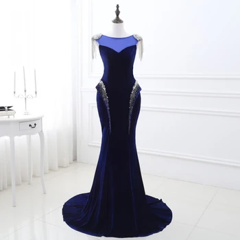  Кралско синя русалка вечерни рокли 2023 Разкошен кадифе дълго отвесни врата официална дантела нагоре мъниста мъниста дълго бала рокля