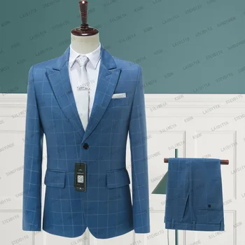  2023 Ново пристигане мъже бизнес случайни тънък синьо каре годни костюм яке палто мъжки високо качество сватба 2 парчета комплект блейзъри панталони