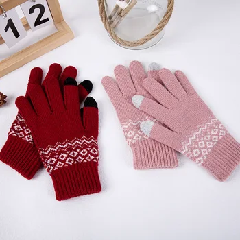  Жените Зимна топла вълна плетена ръкавица сензорен екран Дръжте топло разтягане ръкавици имитация вълна пълен пръст Guantes плетене на една кука сгъстяване