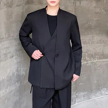  Есенна тенденция Мъже Blazer стойка яка двойно затваряне дълъг ръкав улично облекло мода ежедневни костюми корейски стилен хлабав мъжки палта