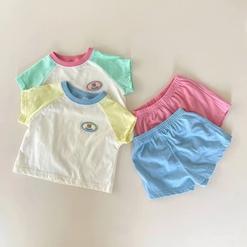  Детски момче пачуърк бонбони цвят тениска комплекти малко дете момиче всички мач тениска + шорти 2pc комплект екипировки бебе бебе лято сладък костюм