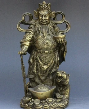  фабрика за търговия на едро 12inch FengShui китайски бронзов мамон бог държи Yuanbao пари богатство тигрова статуя 25% отстъпка