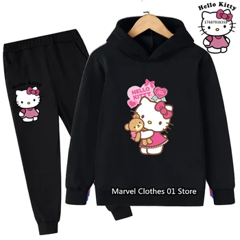  Нов спортен пуловер Kawaii Sanrio Hello Kitty сладък аниме качулка момиче палто + панталони 2P момчета 3-14Y рожден ден подарък случайни джогинг комплект