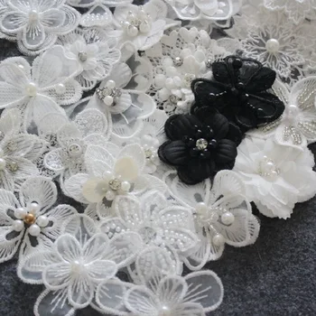  бял 3D цветя мъниста бродерия дантела апликация подстригване панделка яка деколте рокля дрехи, украсени шевни консумативи, 5бр
